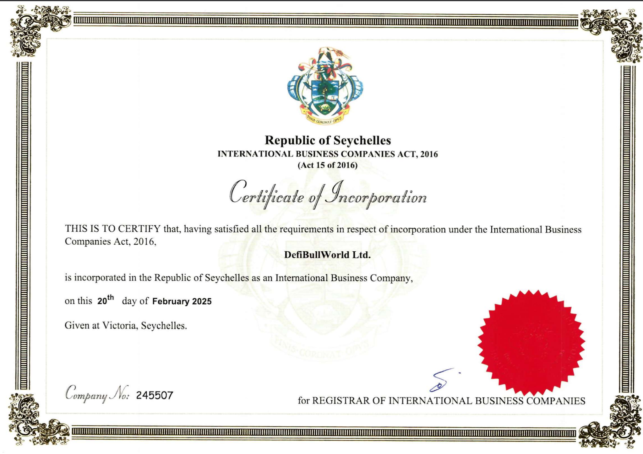 DefiBullWorld Ltd. Certificate